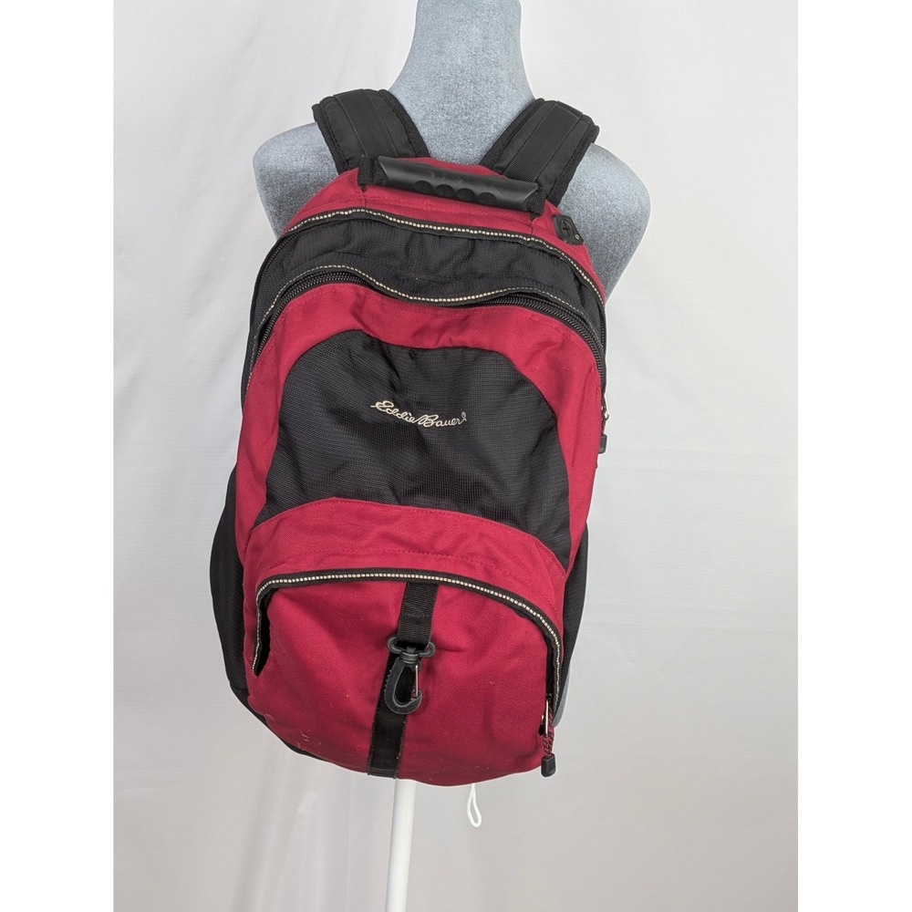 Eddie Bauer Backpack Red Black Laptop School Travel Hiking Daypack 15x17 EUC